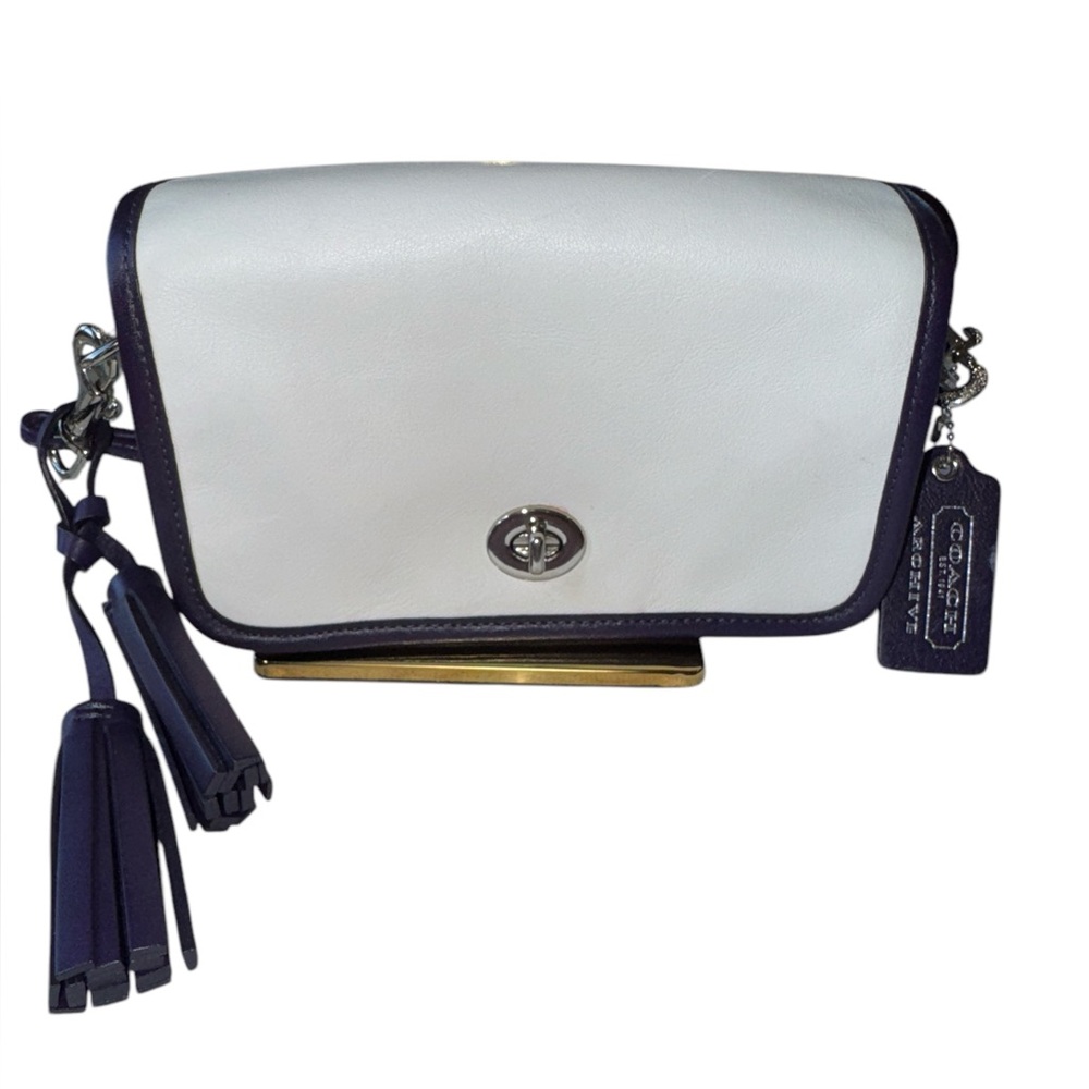 Coach Archive Penny Leather Crossbody Bag 2 Toned Great Condition Purple & White